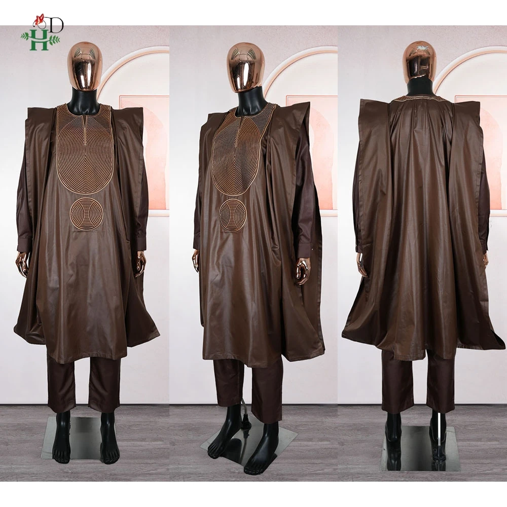 New African Men's Traditional 3PCS Outfit Thobe Set Brown Agbada Embroidered Robe Plus Size For Wedding Church Festival Ceremony