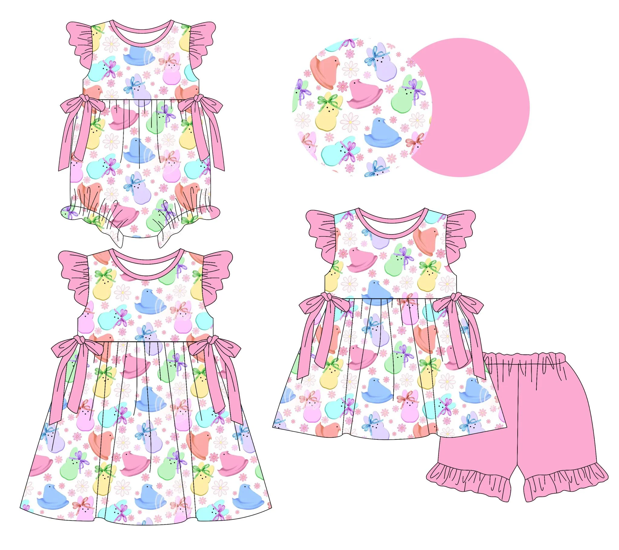 Ropa de Pascua para niña, vestido sin mangas con volantes, pelele para bebé + Pantalones cortos, conjunto de 2 uds., traje con estampado de conejito de frijol de gelatina dulce