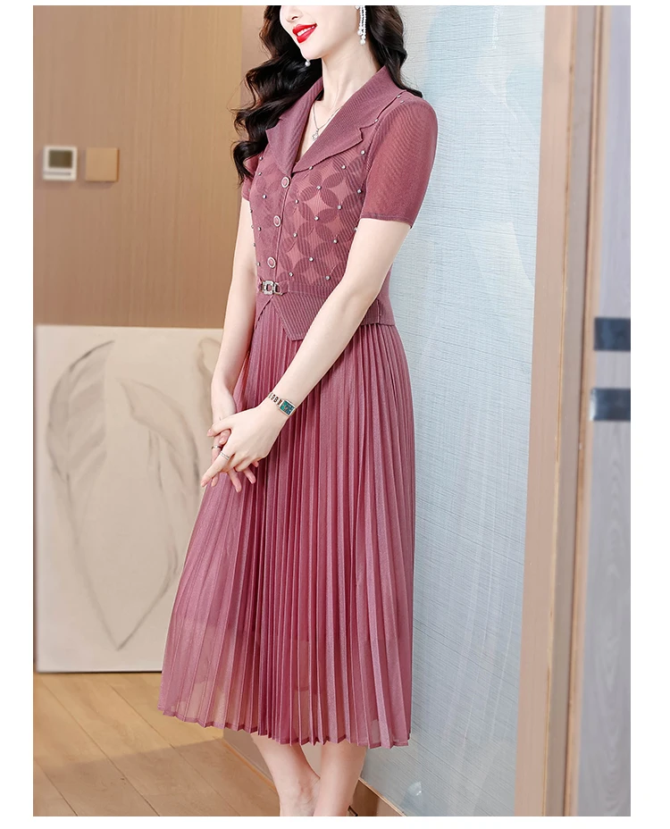 Rimpel lange jurk 2023 zomer nieuwe pak kraag zware bloem losse elegante socialite stijl taille cinched plooirok Frans