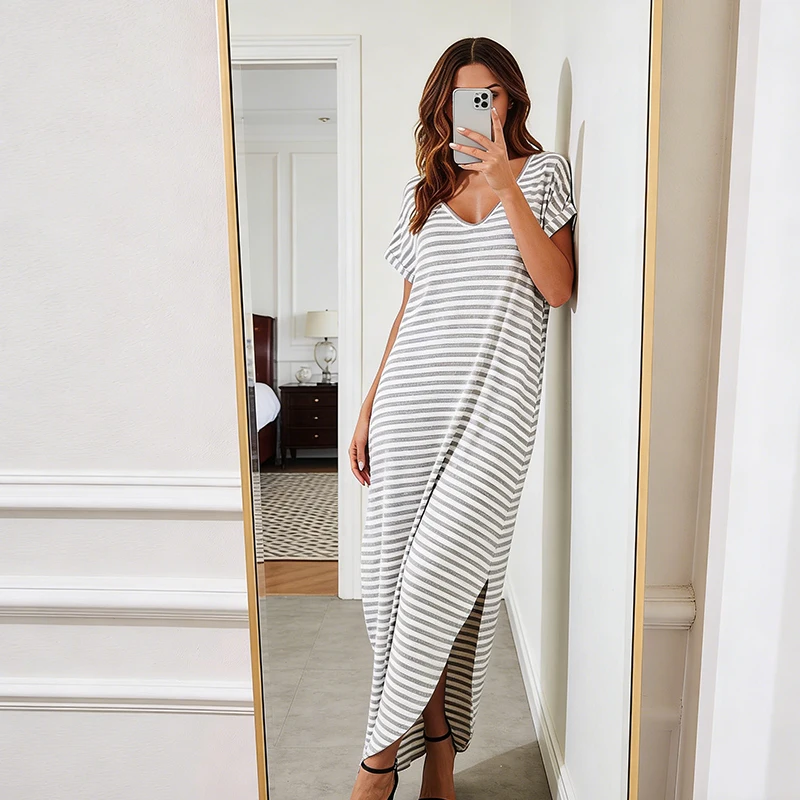 

Летнее повседневное платье в европейско-американском стиле с V-образным вырезом, свободного кроя, с короткими рукавами, в полоску, для создания элегантного образа