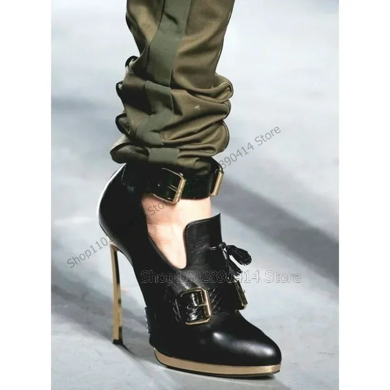 

Green Alligator Print Tassels Metal Heel Pumps Ankle Buckle Strap Women Shoes Pointed Toe Fashion Party 2026 Zapatos Para Mujere