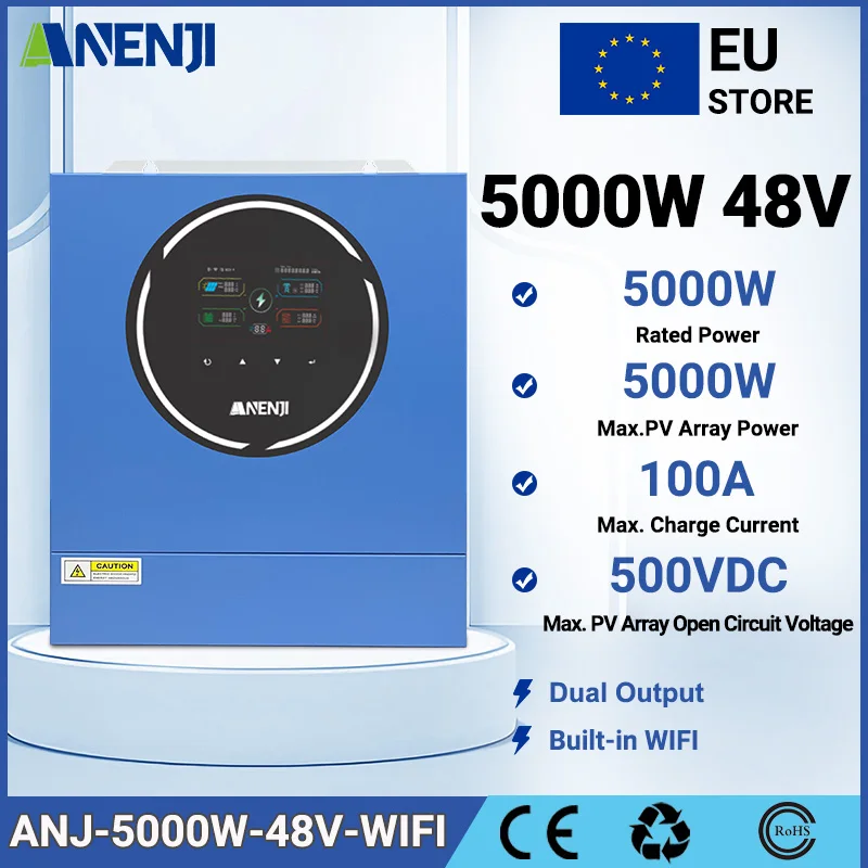 ANENJI Hybrid Solar Inverter 5KW 48V Doppie uscite Onda sinusoidale pura AC 220V/230V Off grid inverter ibbridos Solare WIFI incorporato