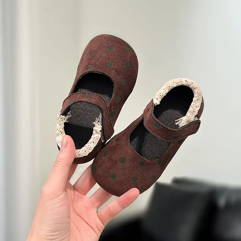 New Spring Autumn Korean Children's Floral Small Leather Shoes Retro Kindergarten Baby Lace Wave Point Soft Facen on-slip Shoes