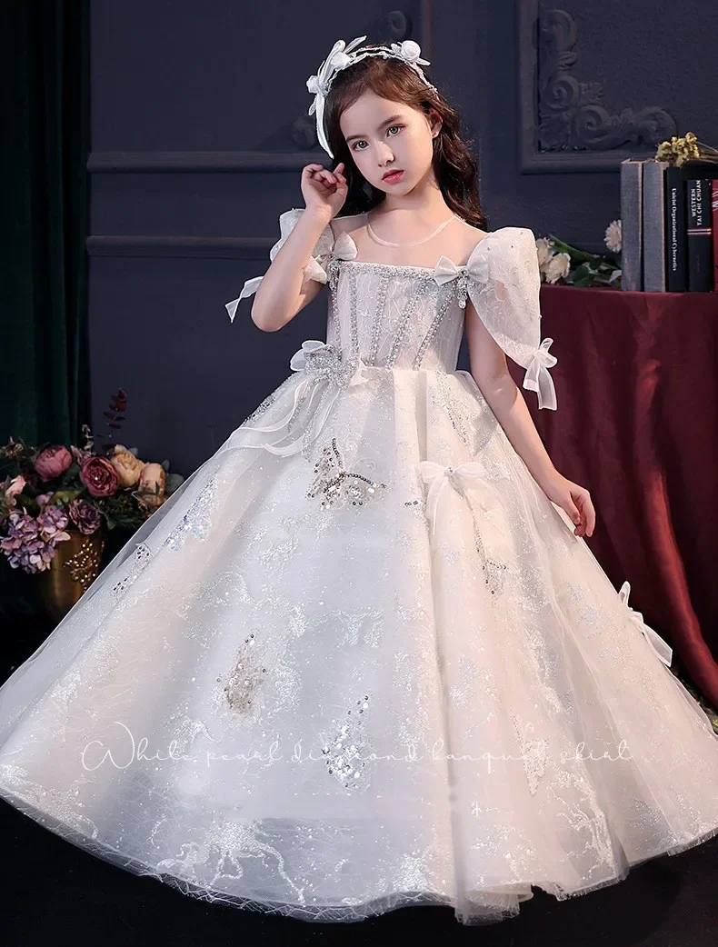 

Платье принцессы для девочек с квадратным вырезом и пышными рукавами с бантом, кружевное бальное платье из тюля с блестками, торжественный костюм для вечеринки