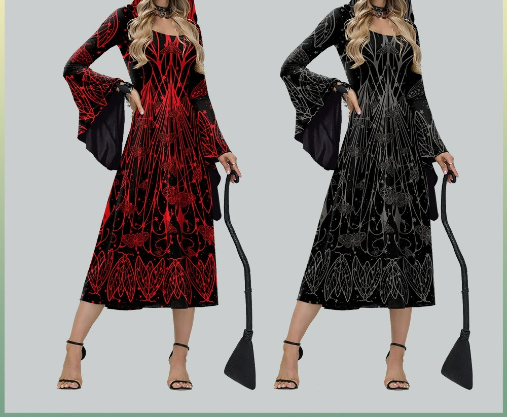 

2025 Autumn and Winter New Flared Sleeve Dress with Digital Print Dark Skirt for Women