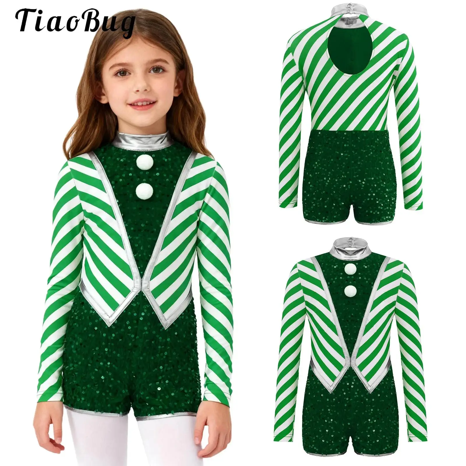 

Girls Christmas Dance Costumes Candy Cane Striped Sequin Santa Elf Shorty Unitard Xmas Jazz Ballet Gymnastics Bodysuit Jumpsuit