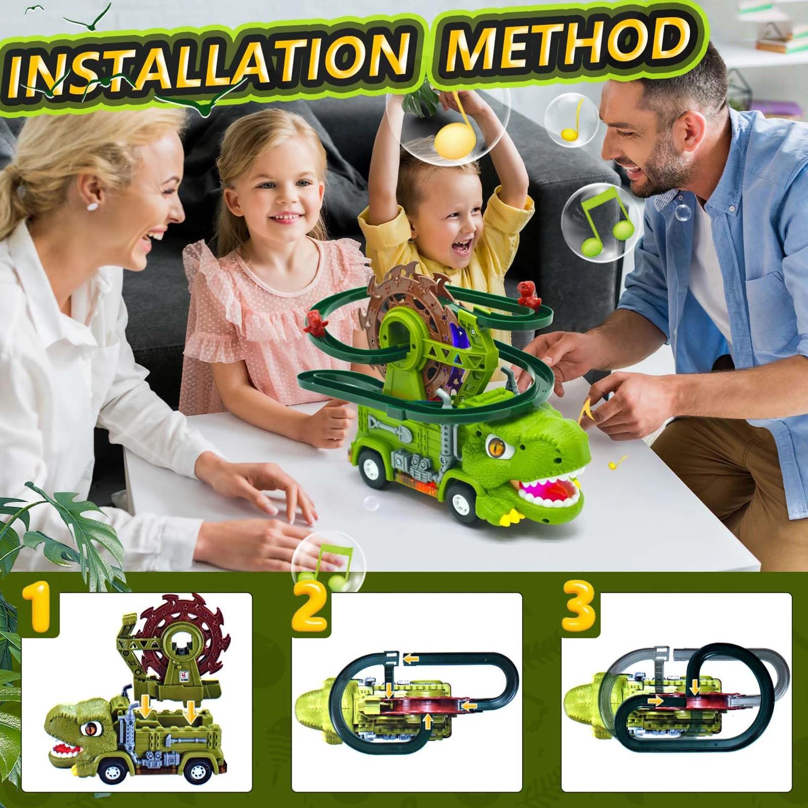 Simulated Tyrannosaurus Rex toy, spinning Ferris wheel track car, colorful sound and light, baby's favorite toy gift