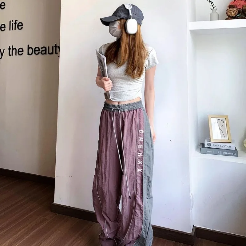 Women\'s Casual Loose Retro Overalls Women\'s Pants Spring and Summer Straight Wide-Leg Pants Color Patchwork Cargo Pants