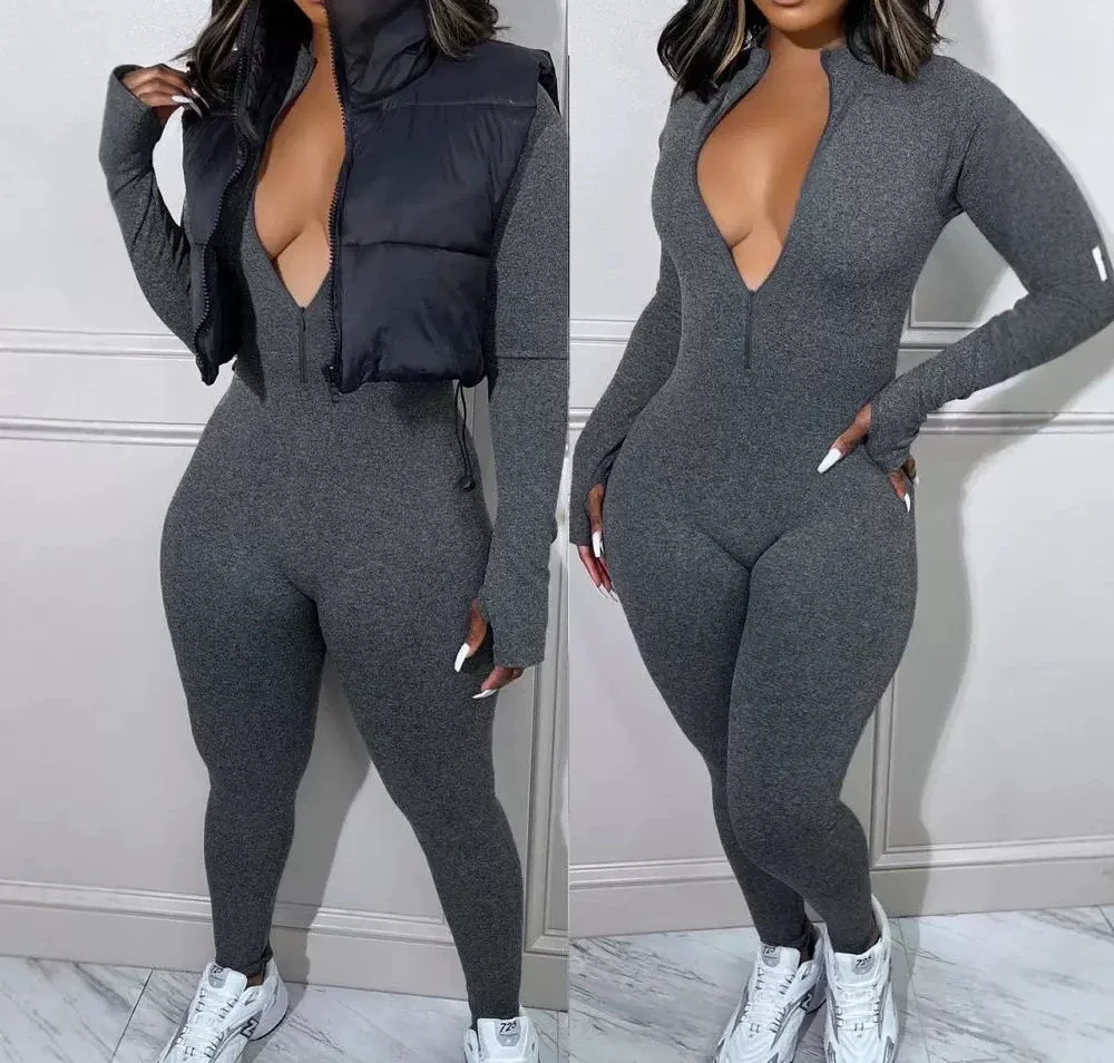 

Jumpsuit Women Streetwear Autumn/Winter 2024 New Fashionable and Versatile Long Sleeve Zipper Front Sexy Jump Suits for Female