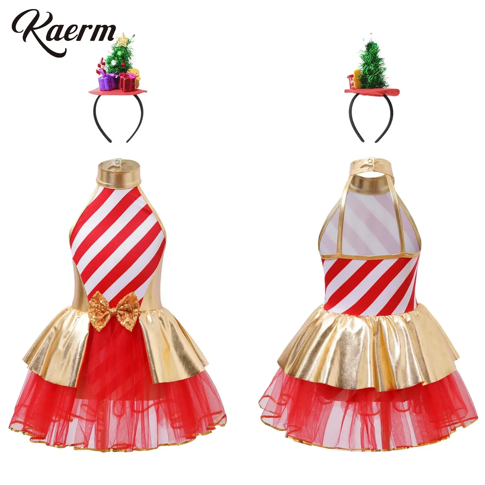 

Kids Girls Christmas Party Costume Halter Open Back Bow Sequins Striped Tutu Dress with Headwear Outfit Set Xmas Party Wear