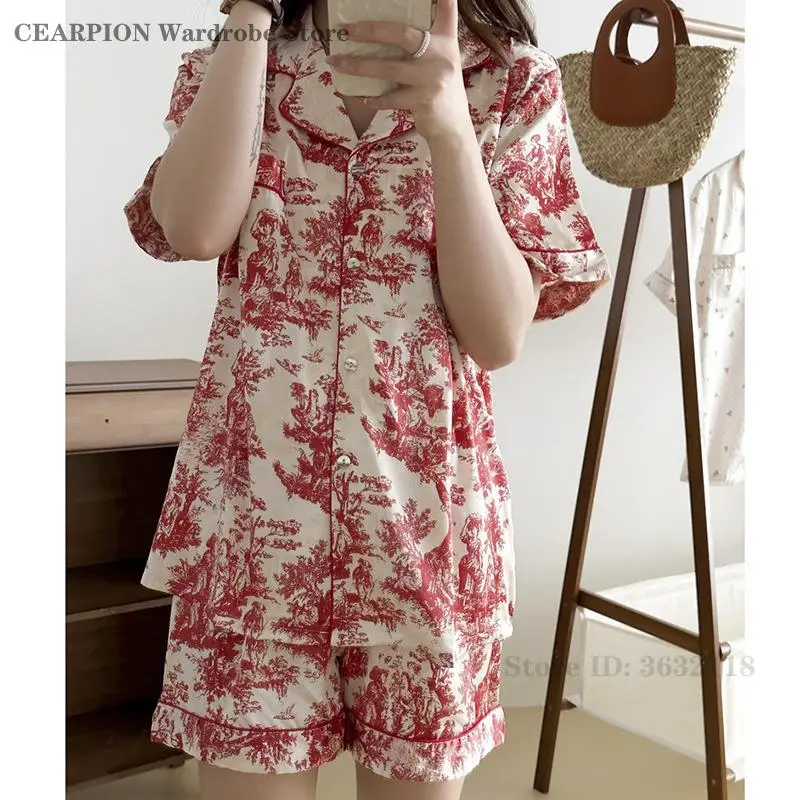 Fashion Print Flower Pyjama Pour Femme Sleepwear Summer Shorts Outfit Nightwear Lounge Wear Loose Satin Homewear Pijamas Suit
