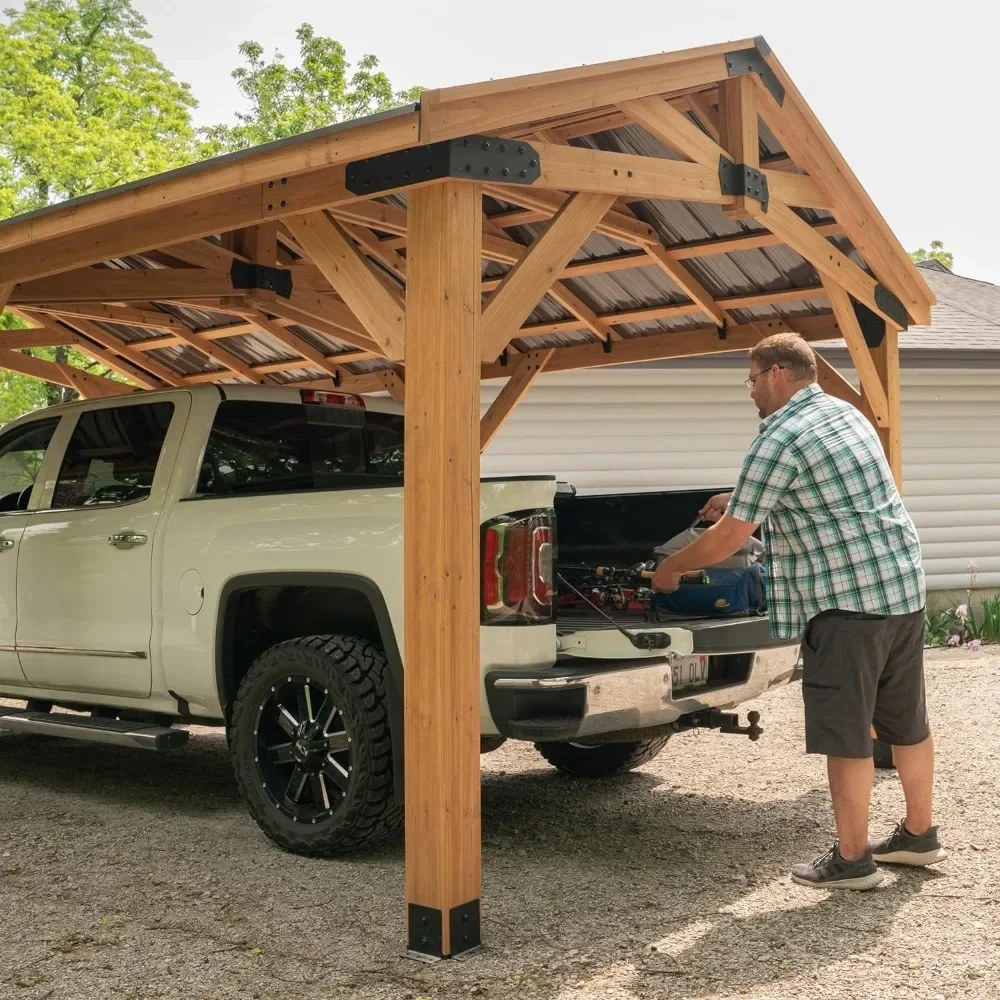 Norwood 20 Ft. X 12 Ft. All Cedar Wooden Carport Pavilion Gazebo with Hard Top Steel Roof Light Brown