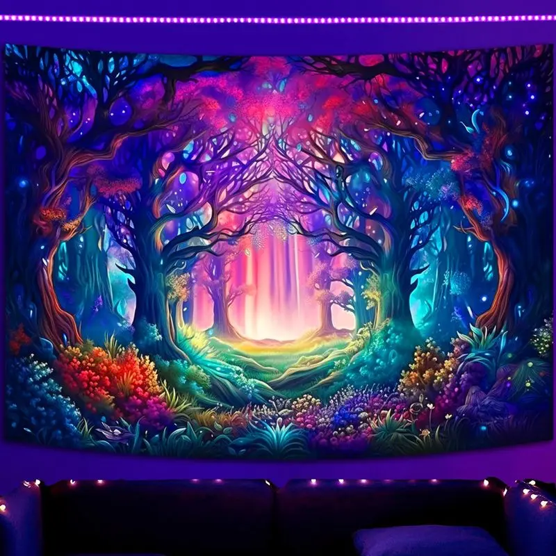VIKAMA Magical Beaming Enchanted Grove Trail Fluorescent Tapestry UV Glow Hallucinogenic Wall Mural Decor Soft Durable Cozy Gift