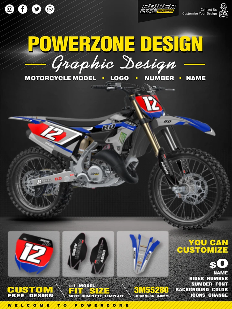 PowerZone – autocollants graphiques d'équipe personnalisés, Kit d'autocollants pour moto YAMAHA 22-24 YZ 125 250 2022 2023 2024