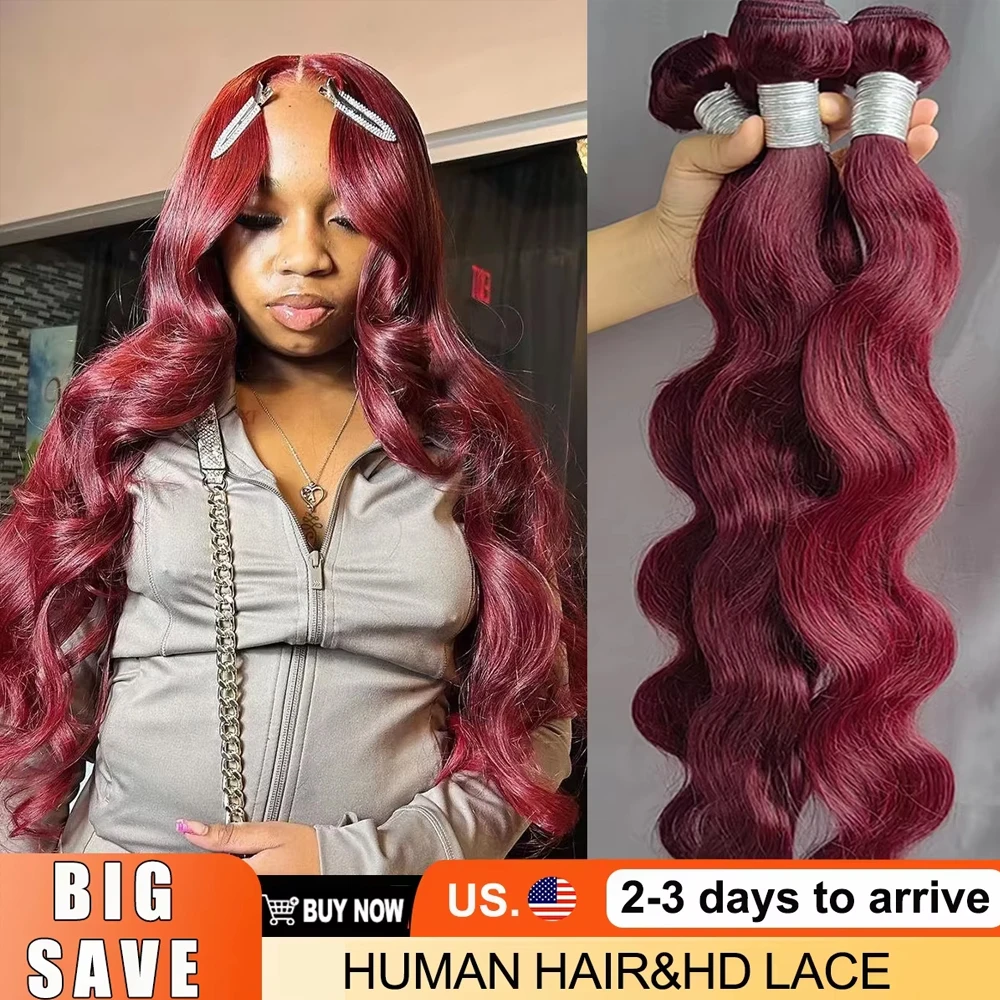 16A Burgundy 99j Body Wave Bundles Human Hair 30 Inch Brazilian Hair Weave Bundle Colored Real Human Hair 3/4 Raw Hair Bundles