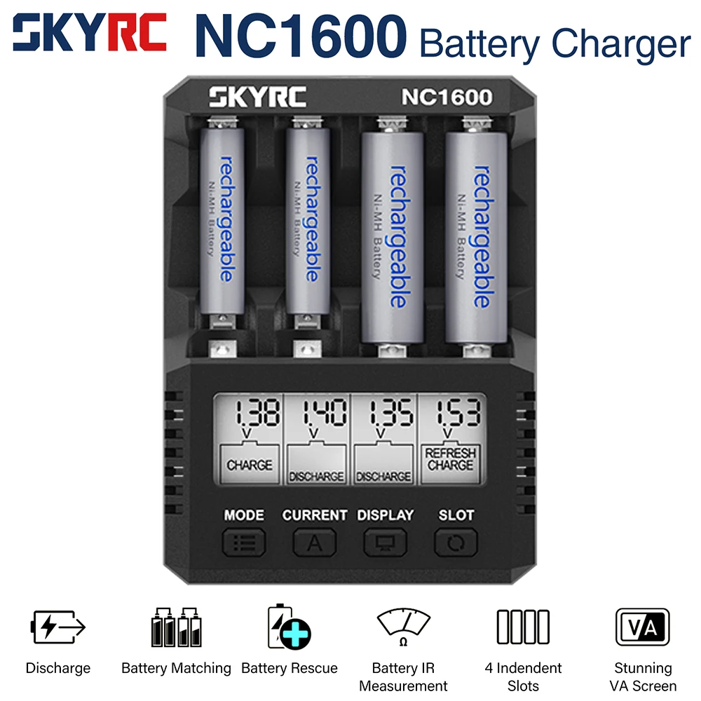 SKYRC NC1600 AA/AAA Battery Charger 15W 3000mAh 4 Independent Slots 3 Working Modes wide-viewing VA screen  Battery Charger