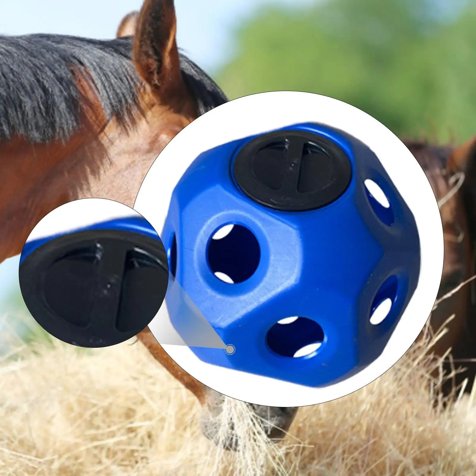 Bola de heno para caballo, diámetro 40cm para Paddock, juguete de alimentación colgante, juguete de puesto multifuncional para caballos, pelota de golosina