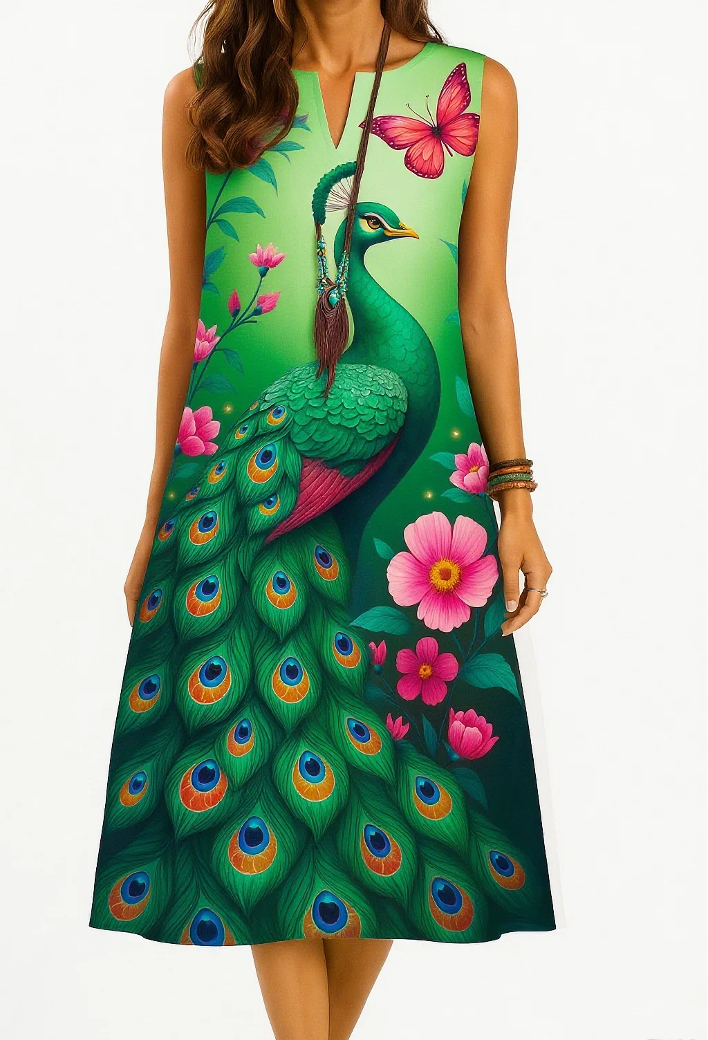 Kurt women's fashionable and elegant long sleeved straight tube casual V-neck peacock pattern luxurious new dress