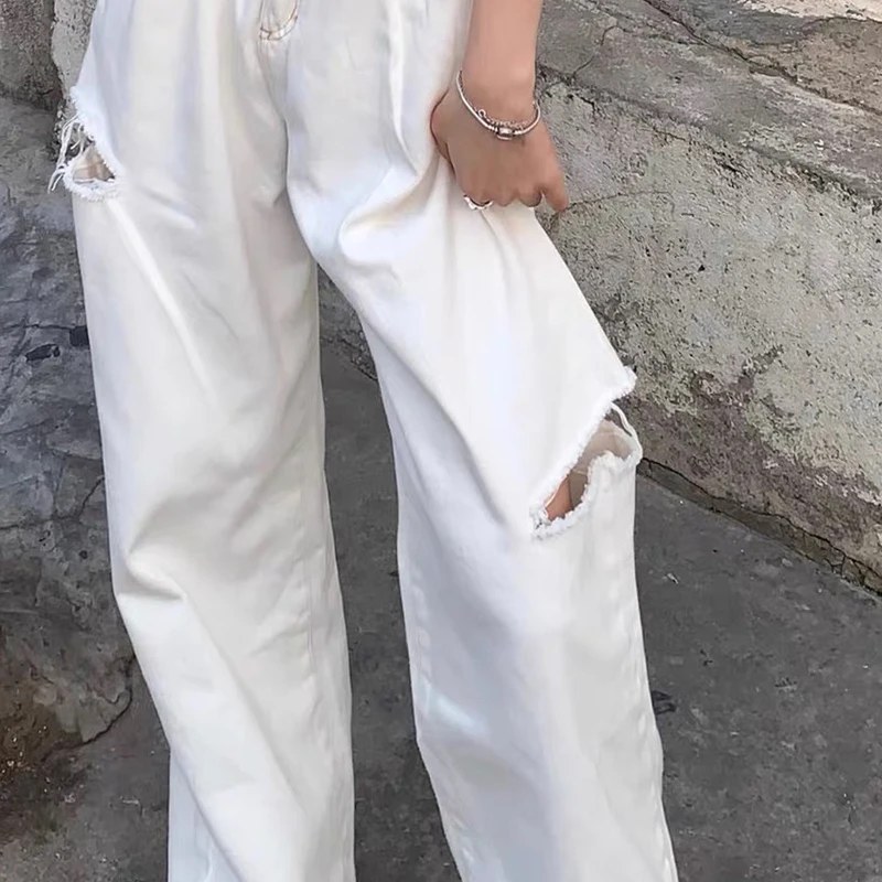 White Ripped Jeans for Women 2023 Fashion High Waisted Jeans Holes Straight Vintage Streetwear Y2k Pants Wide Leg Jeans