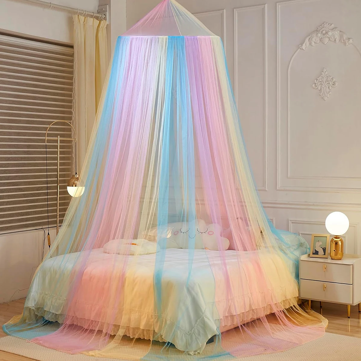 1 unidad de cortinas de cama con dosel de arcoíris, decoración de dormitorio de Estilo Princesa, parte superior redonda tejida, mosquitera con cúpula cifrada colorida para decoración de habitación