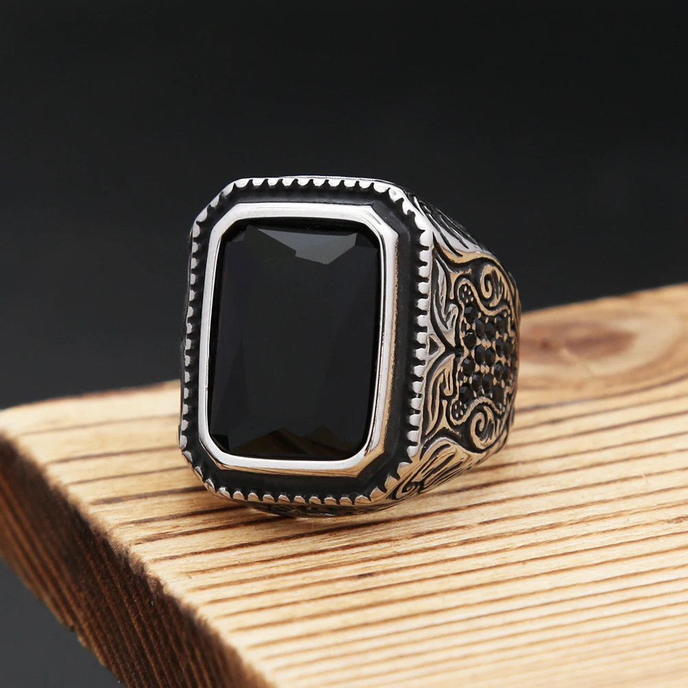 New Punk 316L Stainless Steel Black Stone Rings For Men Women High Quality Big Stone Fashion Biker Ring Party Jewelry Wholesale