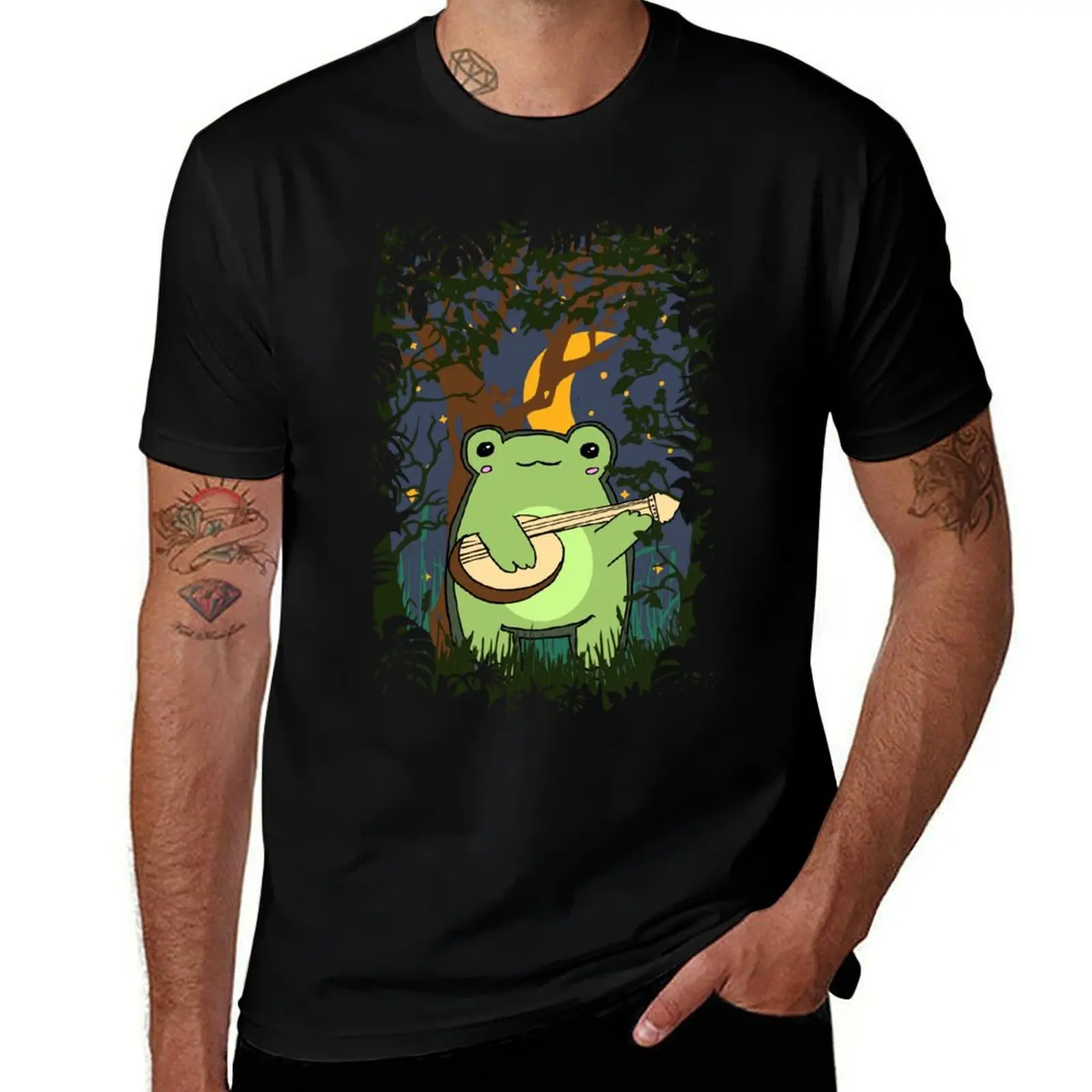 

Cottagecore frog playing bonjo in a forest T-Shirt boys whites anime shirt luxury designer plain mens cotton t shirts