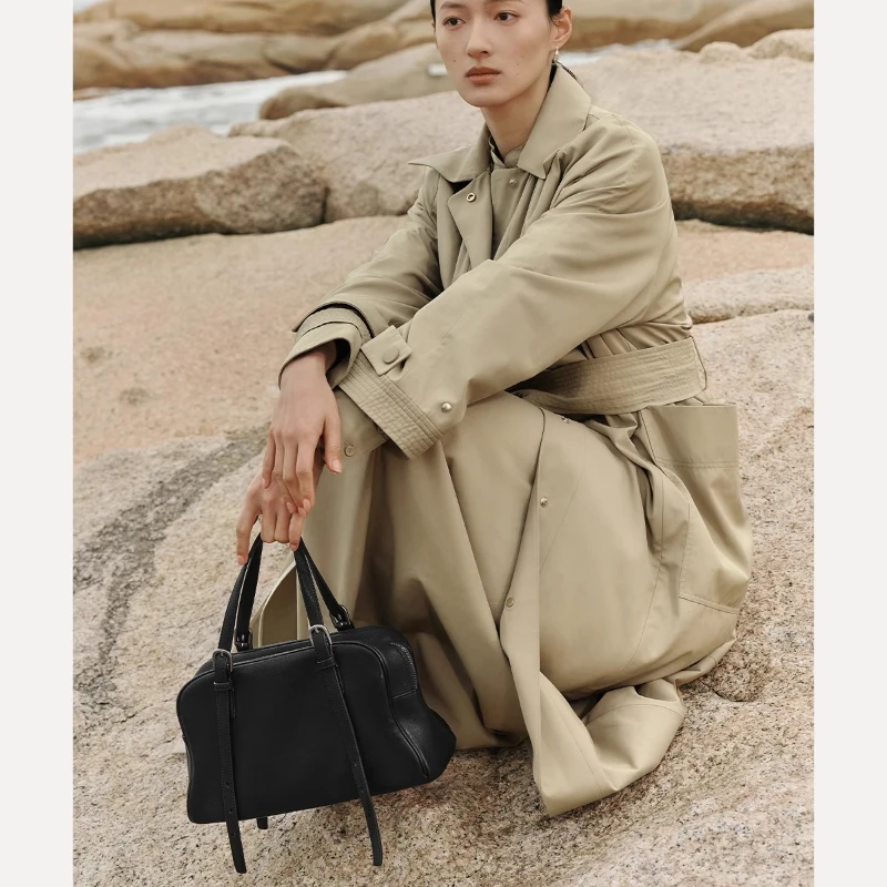 QIUZHEN Vegetable-Tanned Top-Grain Lambskin Bowling Bag Women's Vintage Casual Large Capacity Genuine Leather Tote Shoulder Bag