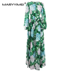 MARYYIMEI Fashion Designer Spring Autumn Women's dress Long sleeved Green leaf Flower print Lace up Chiffon Maxi Long Dresses