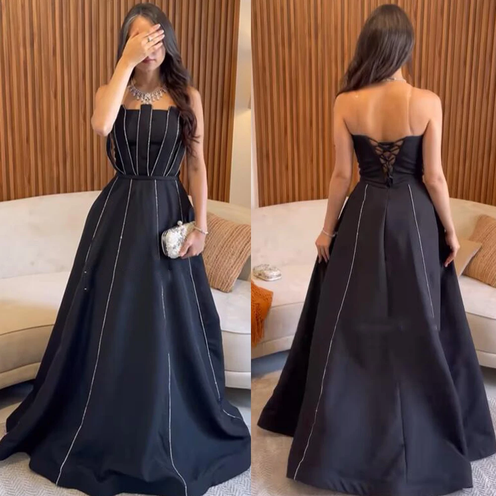 

Customized Sleeveless A-line Satin Prom Gown Sexy Backless Black Strapless Evening Dresses Lace Up Formal Party Dress فساتين الح