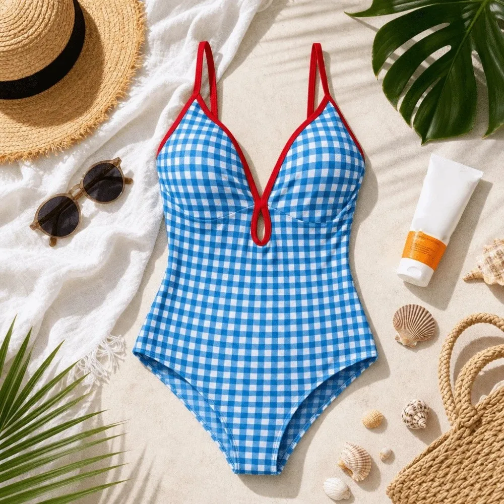 Fashionable Open Back Bodysuit Swimwear Slim Fit Jumpsuit Bikini Set Summer Beachwear V-neck Checkered Swimsuit Vacation