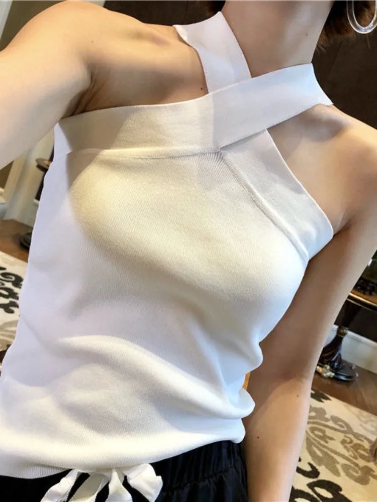 

Ele ort Knitted Strap Vest Women's Base irt Versatile Summer Design Sensation Ne Hanging Top Faionable Base Layer