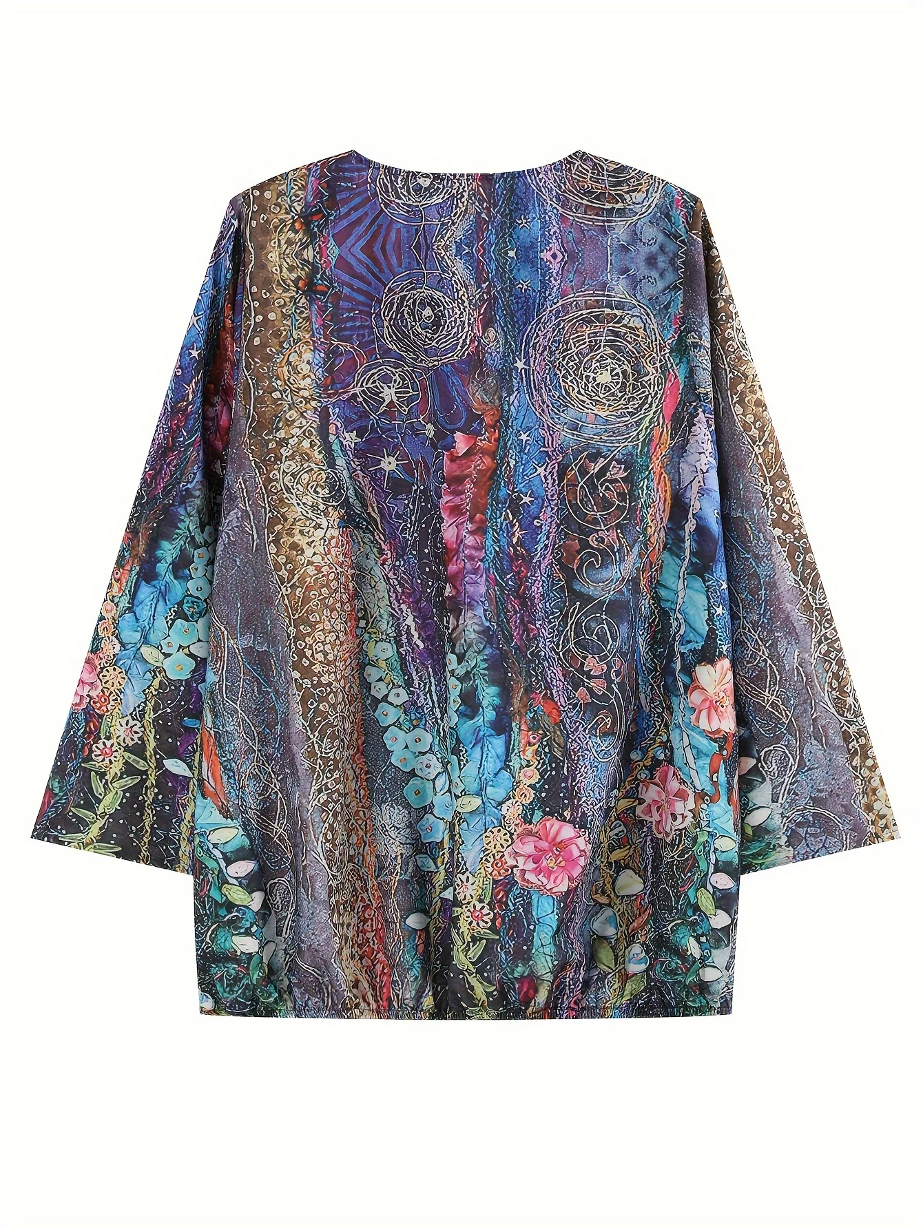 Plus Size Casual Top, Women\'s Plus Floral Print Long Sleeve V Neck Loose Tunic Top