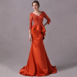 Elegant Mermaid Mother of the Bride Dress V-Neck Three Quarter Applique Ruffle Floor Length Wedding Party Guest Customized Gown