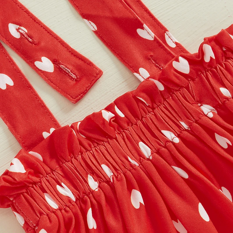 Vestido infantil feminino com suspensório de dia dos namorados, estampa de coração, sem mangas, linha A, com faixa de cabeça com laço