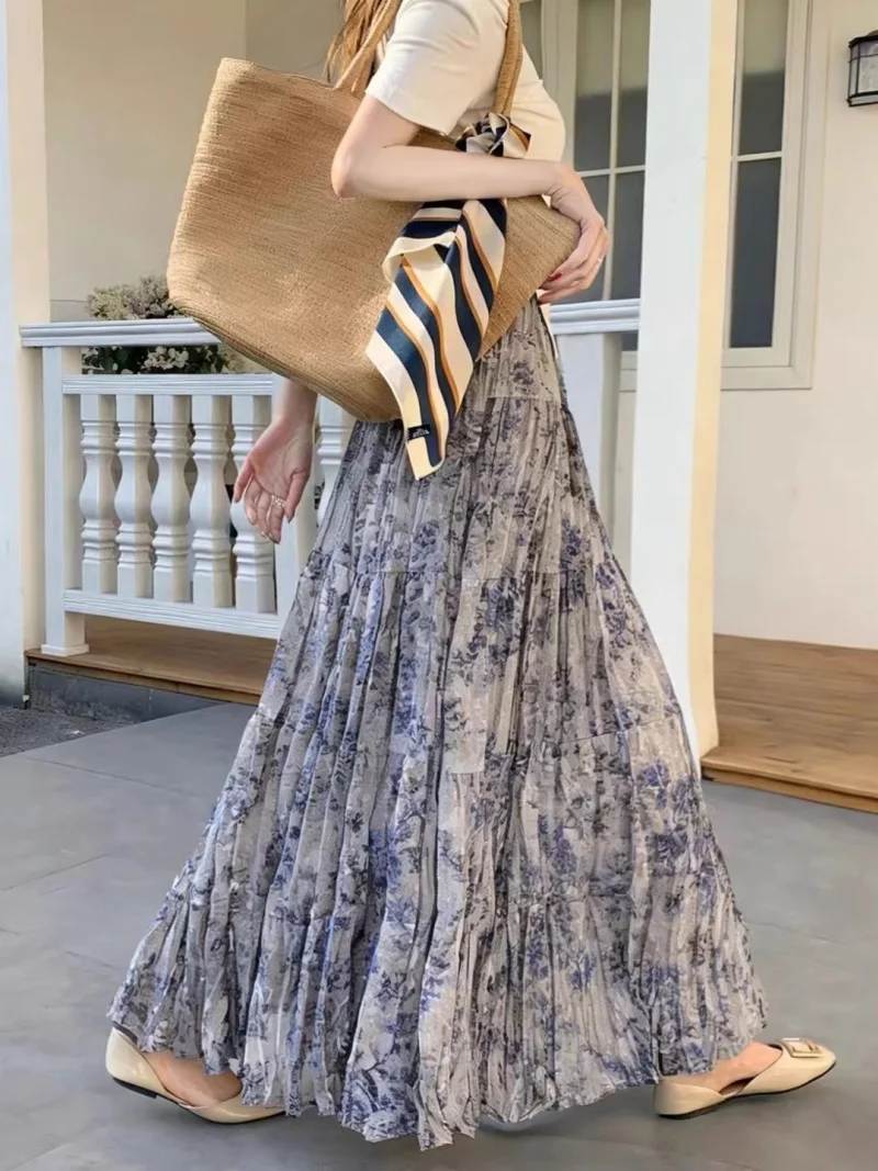 Oil Painting Printed Chiffon Pleated Skirt Women Spring Summer 2026 Fashion Long Casual A-Line Skirt j261