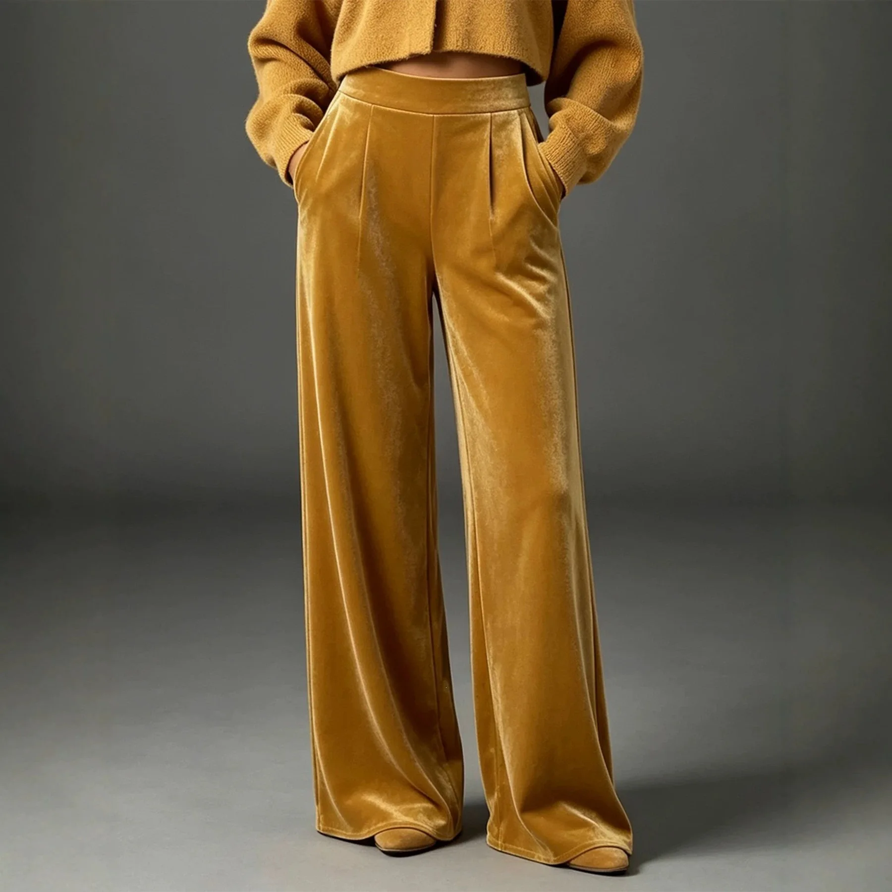 Women High Waist Velvet Wide Leg Pants Front Pleated Loose Trousers With Pockets Elegant Casual Office Party Ladies Pants