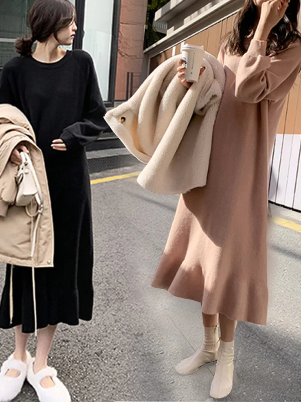 

Осенне-зимний вязаный свитер больших размеров, скрывающий живот, длиной выше колена, в корейском стиле, для повседневной носки, с высокой талией, длинный рукав