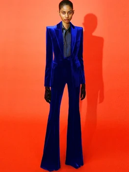 High street 2024 outono inverno designer pista terno conjunto feminino único botão lapela veludo blazer jaqueta calças alargamento terno