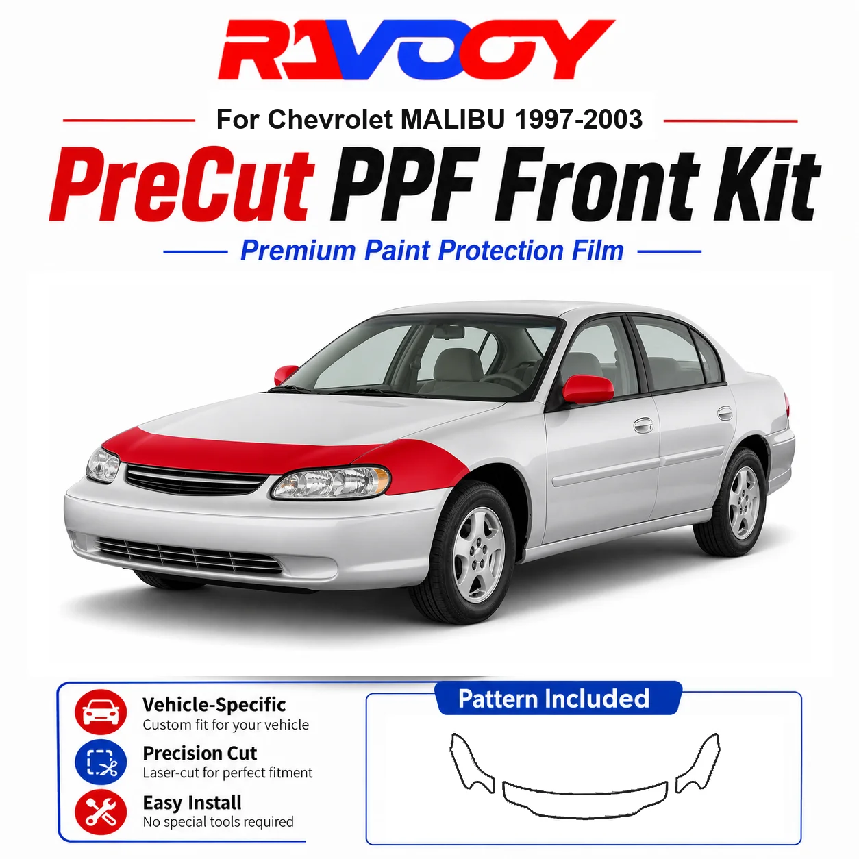 

8.5mil TPU Precut PPF Kit For Chevrolet MALIBU 1997-2003 - Hood, Fenders & Mirror Set - Self-Healing Clear Bra Film
