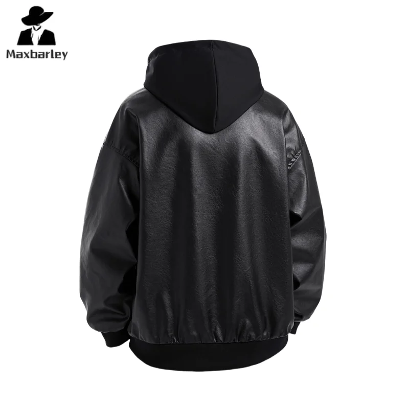 Motorcycle Rider Leather Jacket Men Autumn Hip Hop Fake 2 Pce Hooded Faux Leather Coat Male Street Windproof Bicycle Pu Jackets