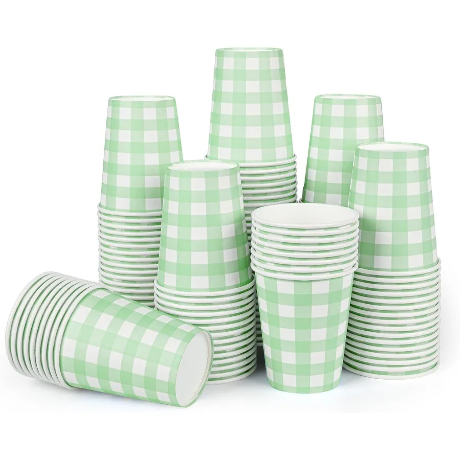 

120 шт., 9 унций, одноразовые бумажные стаканчики для питья с рисунком шалфея и зеленой клетки для свадьбы, дня рождения, детского душа, Fiesta, украшения для пикника