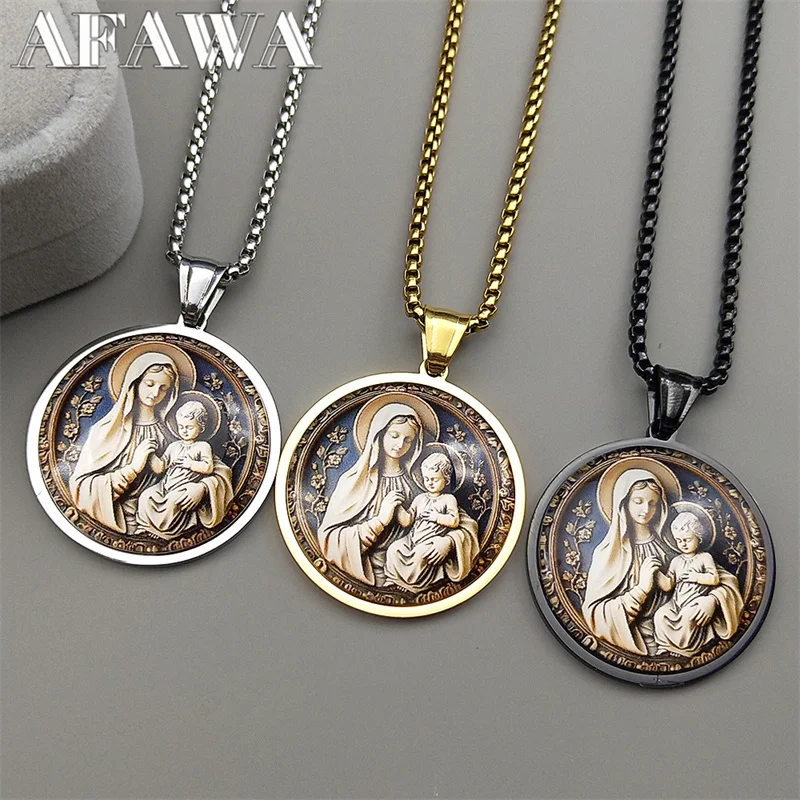 Virgin Mary Hold Baby Jesus Glass Round Medal Pendant Necklace for Women Men Stainless Steel Gold Color Catholic Amulet Jewelry - view 4