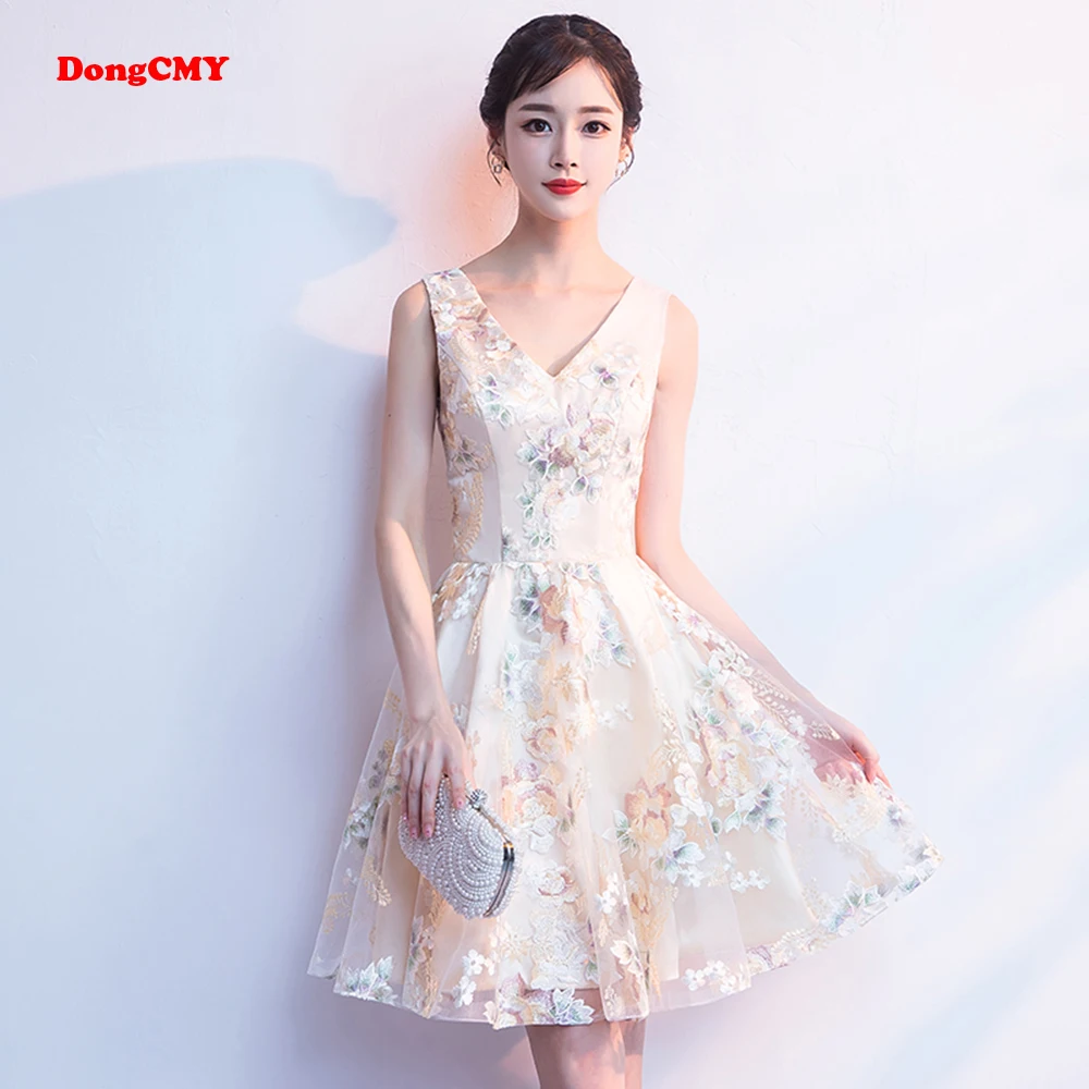 DongCMY Prom Women Pretty New V-Neck Student Young Elegant Bandage Short Sexy Party Flowers Graduation Dresses