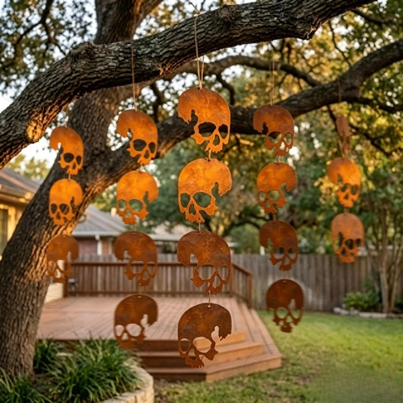 Rusty Metal Skull Hanging Ornament Halloween Garden Decor Outdoor Yard Patio Wall Art Party Decoration