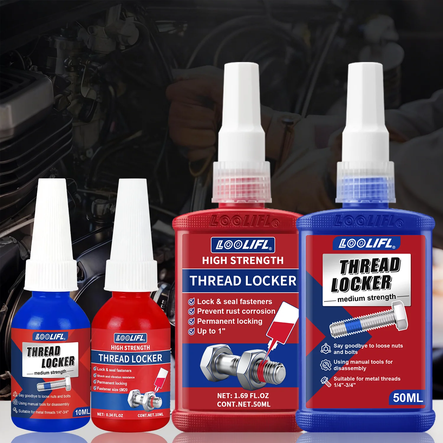 Loolifl 10ml 50ml Thread Locker Screw Glue Blue Red Medium High Strength Anti-Loose Thread Sealant Metal Bolt Lock Adhesive