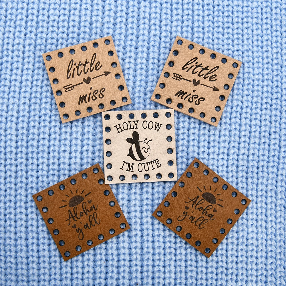 Knitting Labels, Genuine Leather, Name Tags, Custom Logo, Sewing Tags, 1.77x1.77 Inches, Laser Engraved, D519