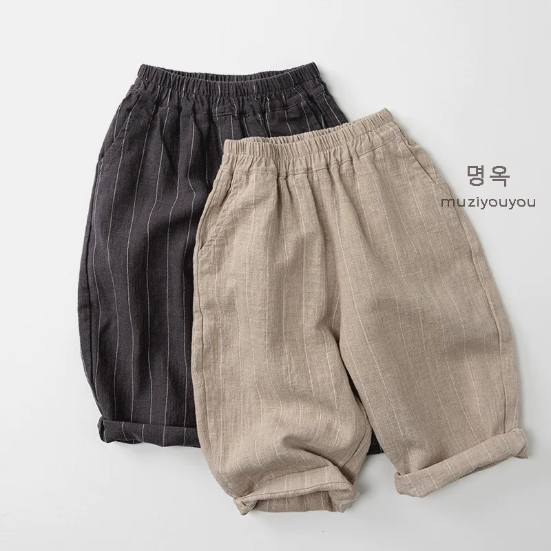 Children's Linen Pants Cotton Vertical Striped Trousers for Kids 2026 Spring Boys Girls Casual Joggers Loose Toddler Outfits