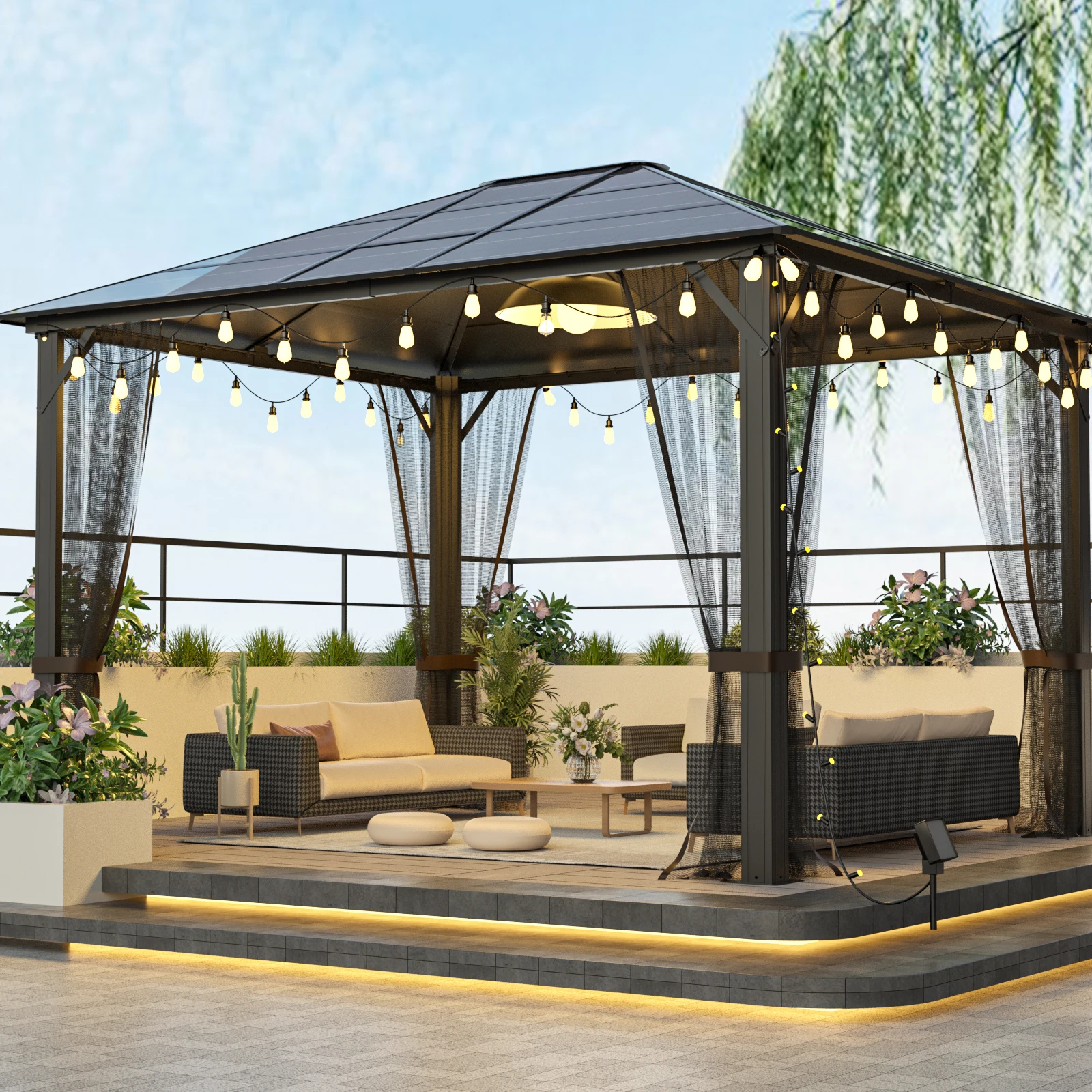 

10x12 Hardtop Metal Gazebo,Heavy Duty Pergola with Mosquito Nets,Galvanized Steel&Polycarbonate Roof,Sturdy Outdoor Canopies Ten