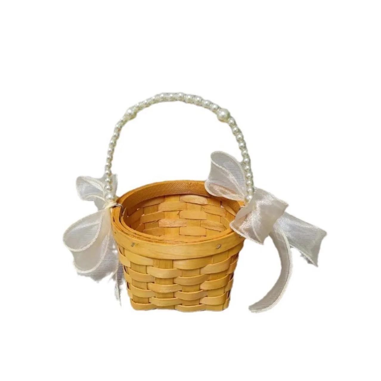 A new pearl hand woven round bow flower child flower basket suitable for wedding home storage decoration