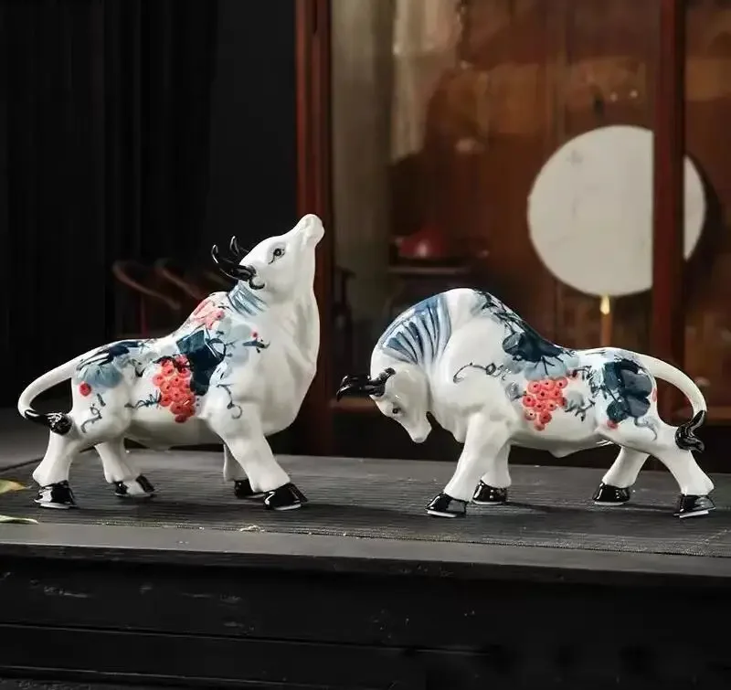 Adorno de vaca de cerámica azul y blanco, accesorios de decoración para el hogar, mueble de TV, exhibición, chucherías, estatua, figuritas, decoraciones artesanales